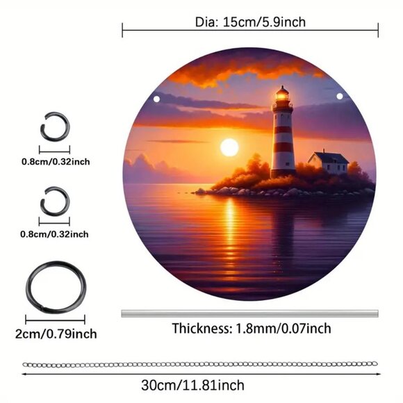 Lighthouse Suncatcher Ocean Sea Sunset Metal Hanging Chain Window In/Outdoor - Picture 2 of 3